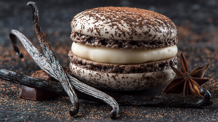 A chocolate macaron with vanilla filling and spices.