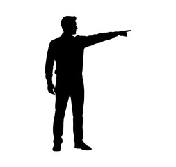 Confident male silhouette gesturing forward, symbolizing leadership and clear direction towards future goals and opportunities, isolated on white background for various design applications