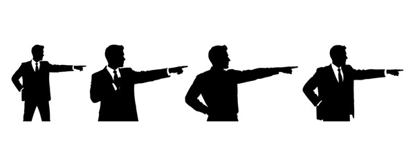 Silhouettes of businessmen in suits pointing to the right in various poses against a white background, representing direction and leadership