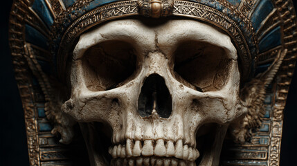 A detailed skull adorned with ornate headdress.