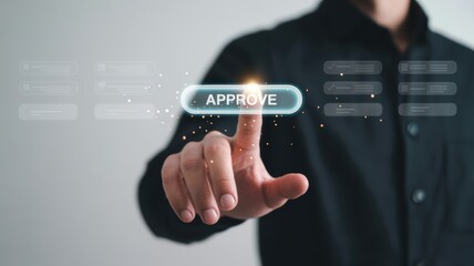 Businessman's hand activating a virtual 'approve' button, signifying digital decision making and workflow completion