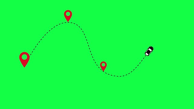 Car driving on a dashed line path passing through multiple red location pins on green screen, navigation concept