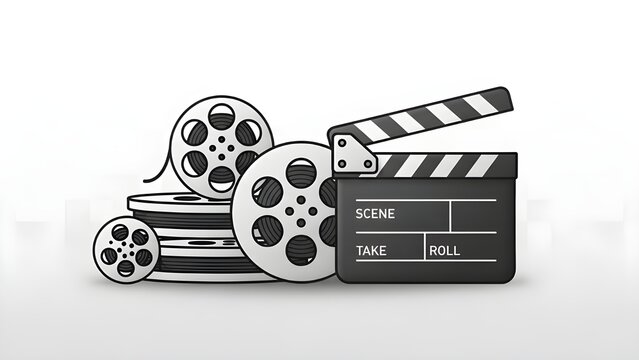 A classic black and white illustration of film production equipment, including several film reels and a director's clapperboard.