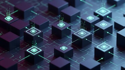 Glowing data blocks with green particles and circuit lines representing active blockchain processing and decentralized network connectivity