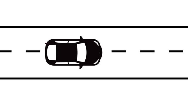 Top view of a black car driving on a straight road with dashed lines on white background, transportation concept