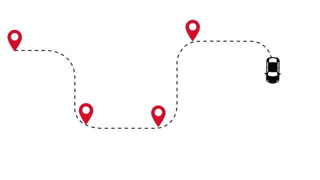 Car driving on a long dashed line path through four red location pins on white background, navigation concept, art