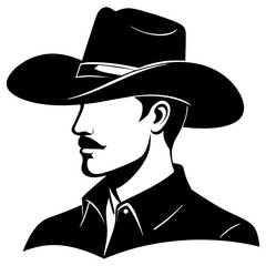 Classic Cowboy Silhouette Profile with Mustache and Western Hat Vector Illustration on Transparent Background