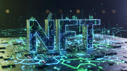 Futuristic “NFT” letters with neon circuits and digital landscape representing blockchain-based virtual assets and collectibles
