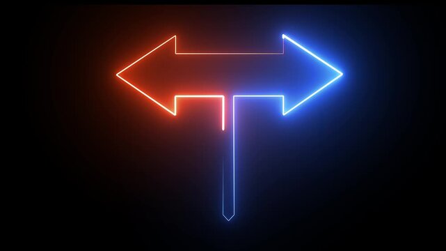 Bicolored neon light arrow icon pointing left and right, concept of opposite choices, trading strategy, and market path