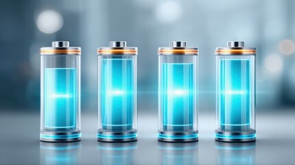 A concept for clean energy storage solutions. A visually striking image of four modern, glowing batteries arranged in a row, showcasing a futuristic design and vibrant blue energy.