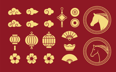 Chinese New Year Solid Icon Set. Gold Silhouette Symbols Collection on Red Background. Lunar Festival Vector.