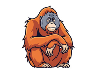 Cute cartoon orangutan illustration sitting and looking forward, a gentle primate from the jungle © Vector