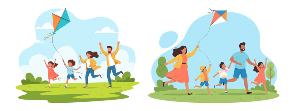 Families flying kites together in park