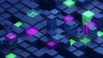 Neon-lit circuit cubes in a dark grid representing digital architecture, data processing, and futuristic tech systems