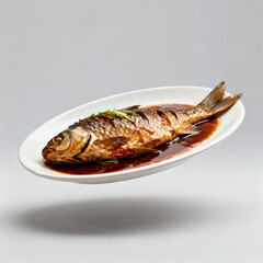 Delicious whole cooked fish served on a white plate with sauce