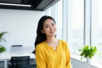 Professional Asian Woman in Bright Yellow Top at Office