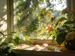 Sunlit Window Sill with Flowers and Petals