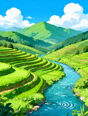 Beautiful Terraced Rice Fields with River Landscape