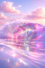 Emotional tide flowing in slow motion, iridescent foam particles, ultra smooth water