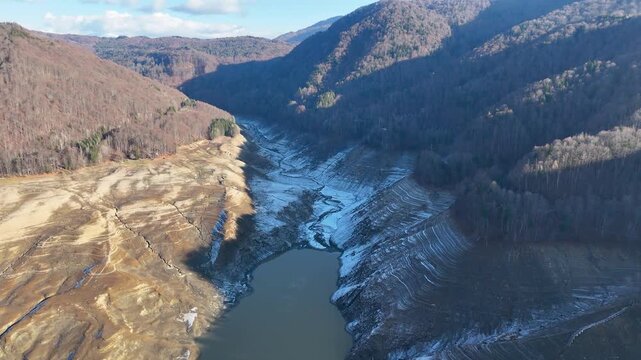 Vidraru Lake empty reservoir with low water