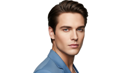 Young man in blue suit jacket looking sideways against black background isolated on white transparent png background download