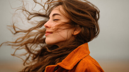 Young woman face portrait wind hair blowing closed eyes peaceful expression orange jacket autumn mood outdoor soft focus natural light serene atmosphere