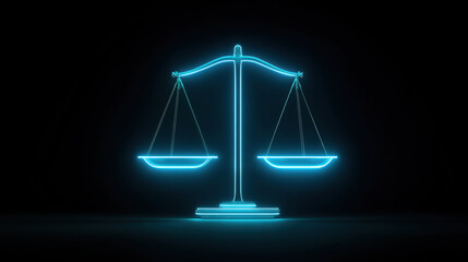 Justice law balance scale legal equality symbol neon glowing abstract weight fairness court decision concept dark blue metaphor idea judgement comparison ethics harmony design minimal business