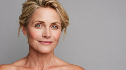 Mature woman face middle aged woman smiling woman natural beauty healthy skin blonde hair blue eye studio portrait soft lighting neutral background Mature woman face with middle aged woman smiling