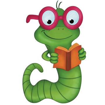 Bookworm wearing red glasses reading a book, whimsical green worm character for literacy and education
