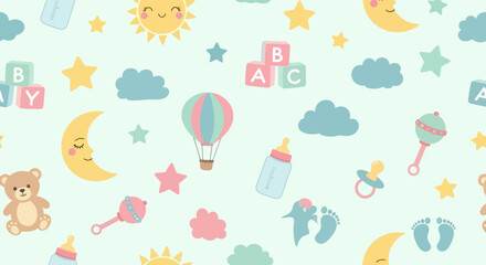Cute baby nursery wallpaper with pastel colored toys and objects