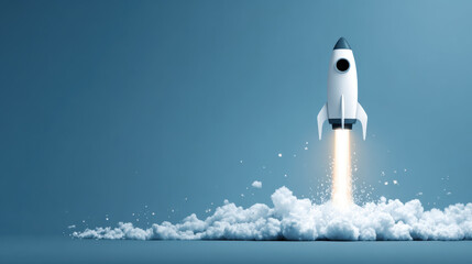 Futuristic rocket launch startup growth concept innovation success business launch white rocket blue background cloud smoke leadership vision ambition metaphor future technology