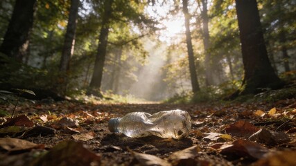 A discarded clear plastic water bottle lies as litter on a forest floor path covered in autumn leaves under bright sunlight through trees.