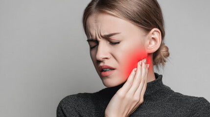 Young woman tooth pain jaw ache dental problem health concept, female touching cheek unhappy facial expression discomfort closeup portrait grey background
