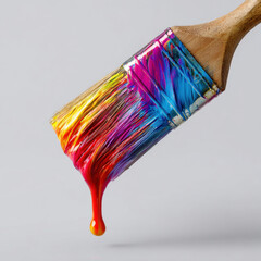 Colorful paintbrush drip rainbow paint vibrant color art tool close up creative concept wet paint bright pigment wooden handle studio macro express emotion