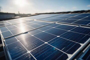 Close-up of blue photovoltaic solar panels on roof with sunlight reflection and dust texture