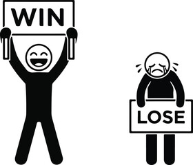 Cartoon Characters Showing Win and Lose Signs.