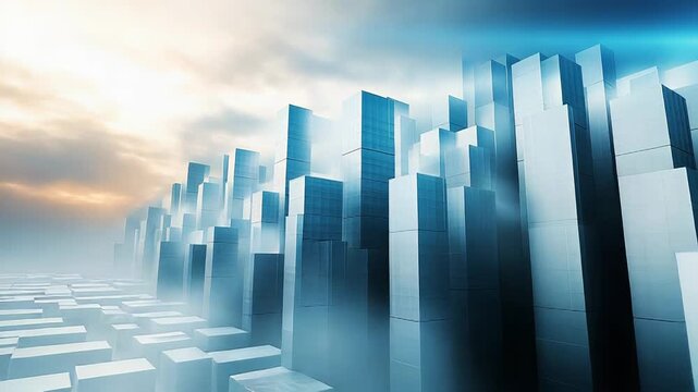 Abstract futuristic city with geometric cubes forming a modern urban landscape, evoking concepts of technology, data, innovation, and digital transformation in blue light and soft fog