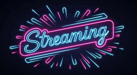 Neon sign with the word Streaming in blue and pink on a black background with abstract lines.