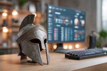 Ancient Warrior Helmet Displayed on Gaming Desk With Computer Monitor, Historical Armor as Decorative Object in Modern Workspace, Contrast of Tradition and Digital Competition, Gaming Culture Concept