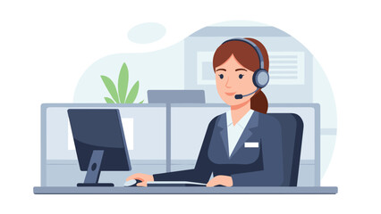 Professional female call center agent, wearing a headset, smiles confidently while diligently working at her computer workstation in a modern office cubicle.