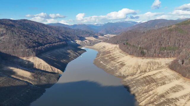 Vidraru Lake empty reservoir with low water