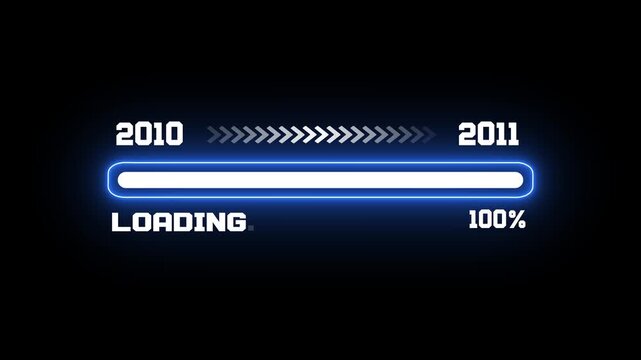 Futuristic digital loading progress bar from year 2010 to 2011, time evolution display with 100 percent status