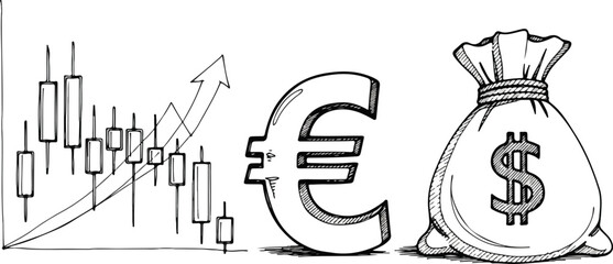 Euro Currency Symbol and Dollar Money Bag.