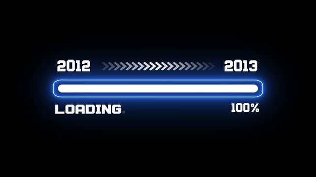 Loading bar from 2012 to 2013 with blue neon glow, minimalist progress bar 2012-2013 transition animation