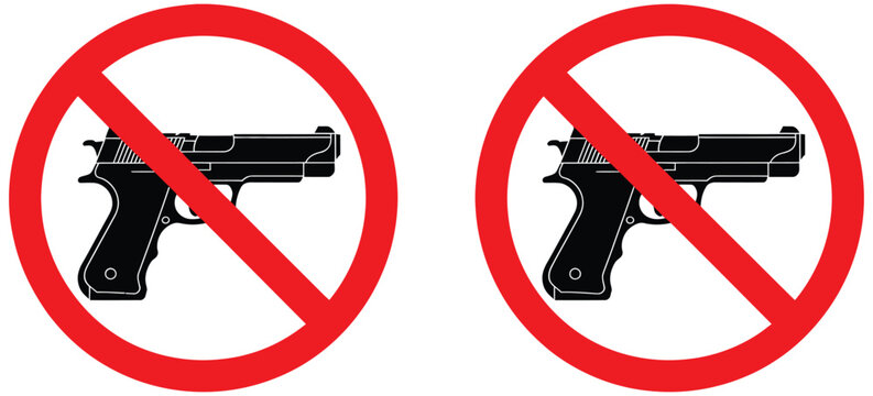 Two no gun vector signs in red circle with slash, clean prohibition icons for safety, restricted zones, public areas, apps, websites and vector illustration projects.