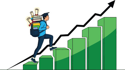 Man Climbing Stairs with Backpack and Arrow.