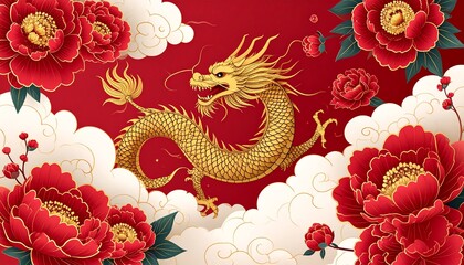 Golden dragon surrounded by vibrant red flowers and clouds