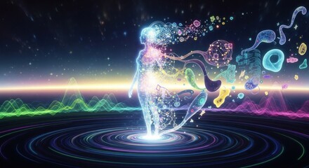 A colorful, abstract figure with flowing, ethereal forms and vibrant, cosmic elements in a dark, starry background.