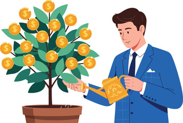 Man watering money tree with golden coins.