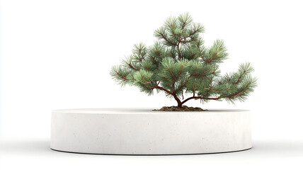 Minimal Bonsai Pine Tree on White Podium with Clean Modern Aesthetic on the white background.